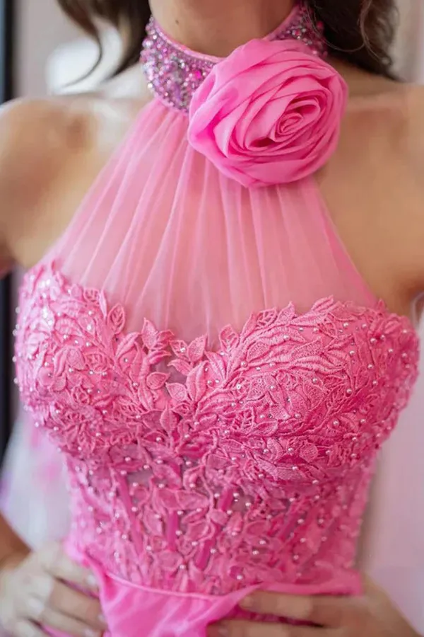 A Line Halter Neck Beaded Lace Long Pink Prom Dresses PSK560