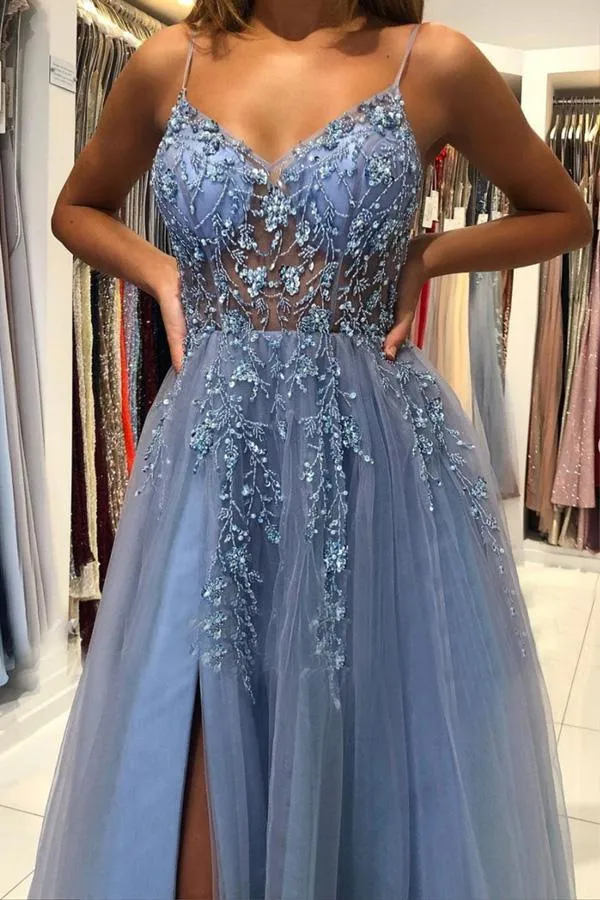 A Line V Neck Blue Tulle Long Prom Dresses Formal Dress With Beading  PSK249