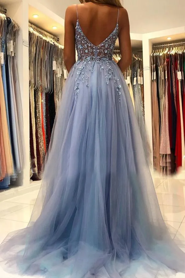 A Line V Neck Blue Tulle Long Prom Dresses Formal Dress With Beading  PSK249