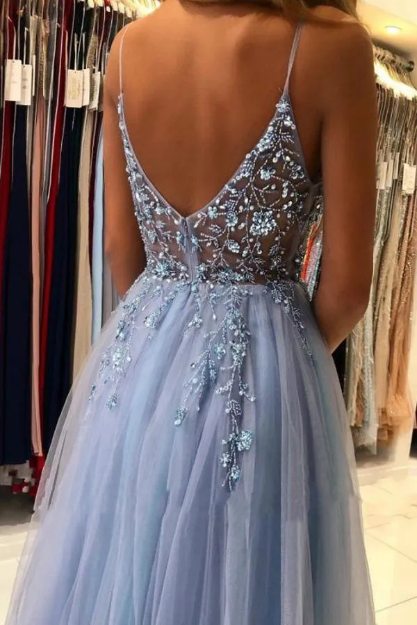 A Line V Neck Blue Tulle Long Prom Dresses Formal Dress With Beading  PSK249