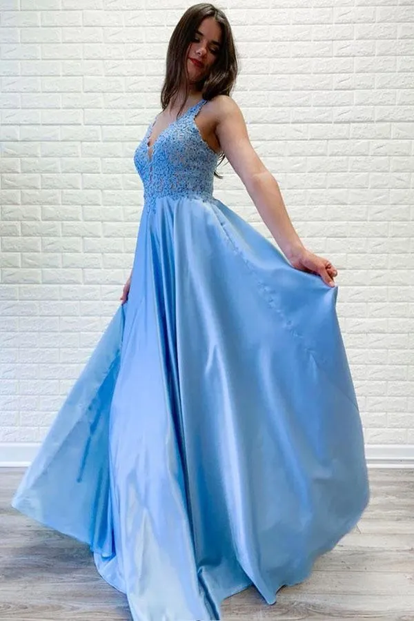 A-line V neck Lace Long Prom Dresses Blue Evening Party Dresses PSK066