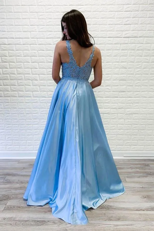 A-line V neck Lace Long Prom Dresses Blue Evening Party Dresses PSK066