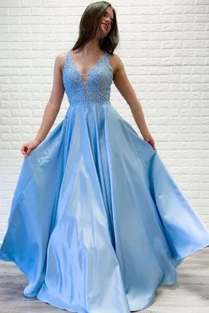 A-line V neck Lace Long Prom Dresses Blue Evening Party Dresses PSK066