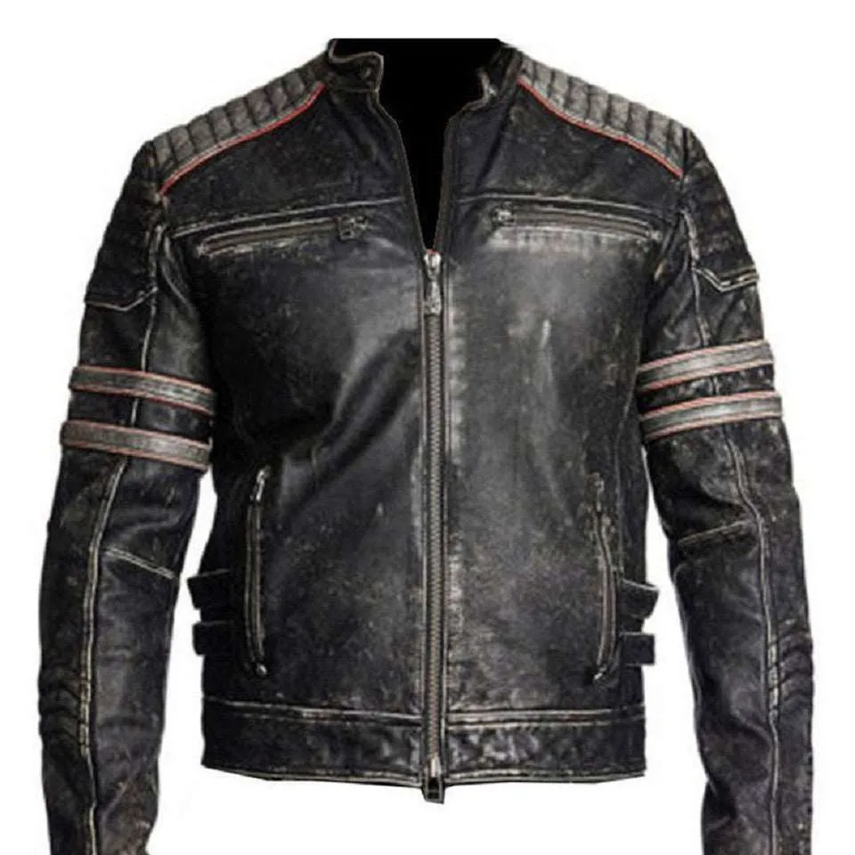 Biker Vintage Distressed Jacket Skull Embossed Logo at back