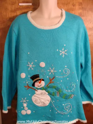 Bling Bright Blue Tacky Fun Christmas Sweater with Snowman