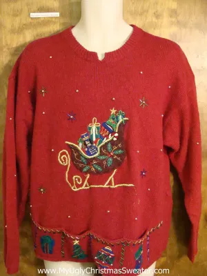 Bling Sleigh Themed Red Ugliest Christmas Sweater