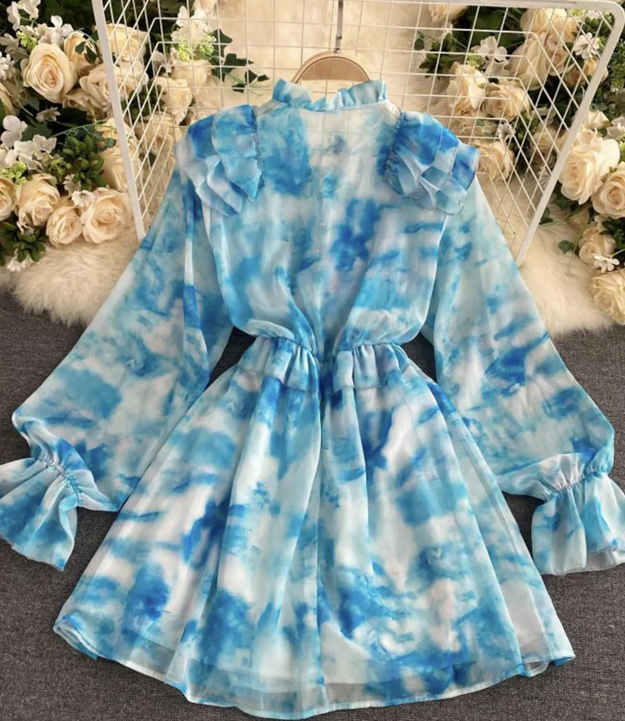 Blue A line long sleeve dress fashion dress   S13