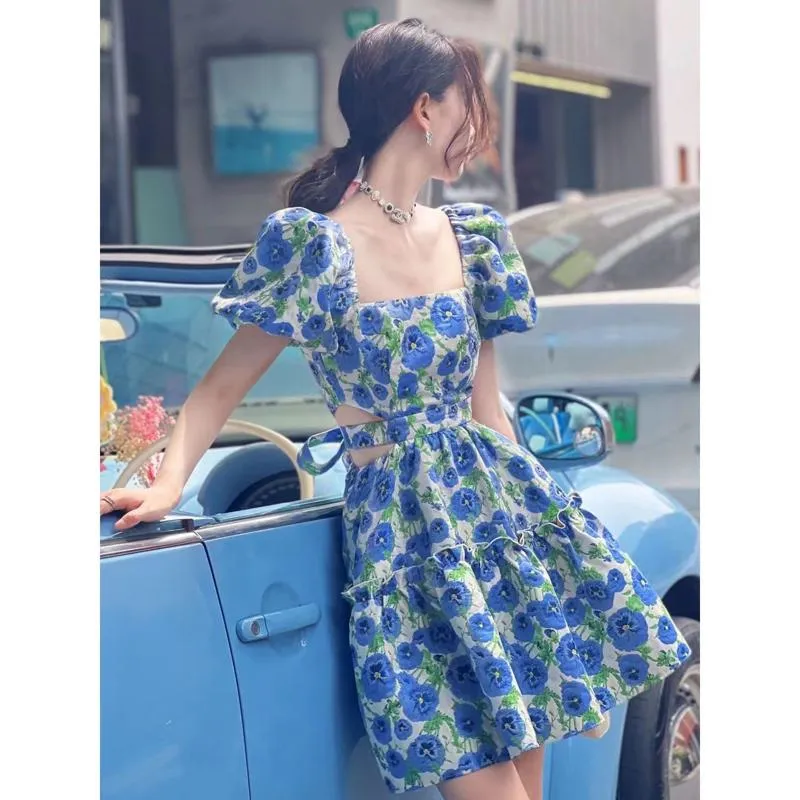 Blue Low Waist Bubble Sleeve Square Collar Niche Floral Print Mesh Dress