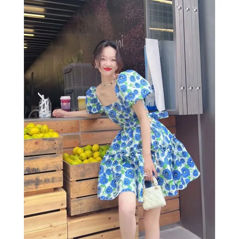 Blue Low Waist Bubble Sleeve Square Collar Niche Floral Print Mesh Dress