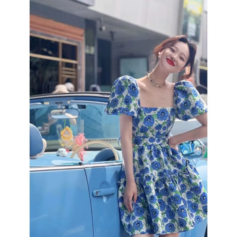 Blue Low Waist Bubble Sleeve Square Collar Niche Floral Print Mesh Dress