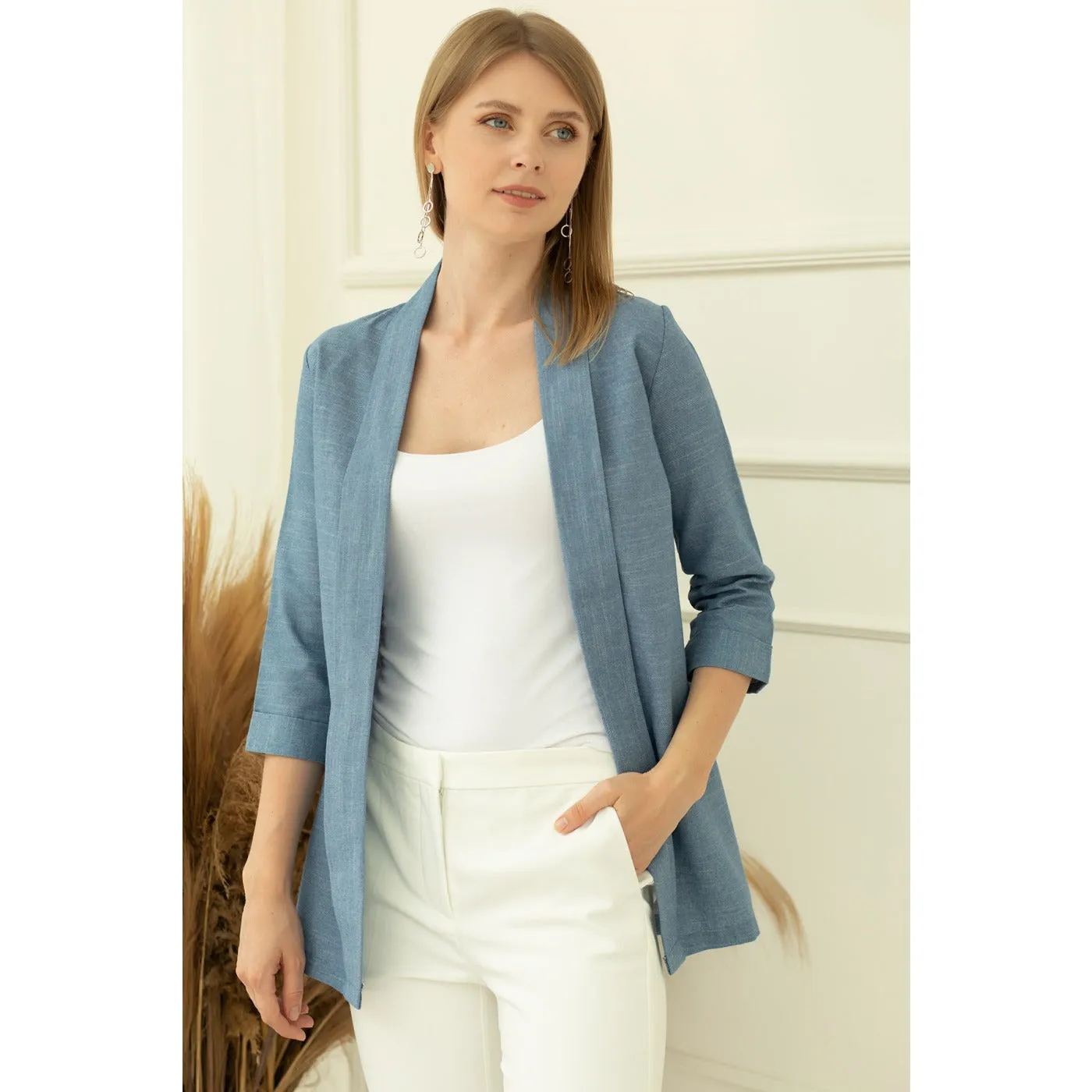 Blue Short Sleeves Shawl Jacket