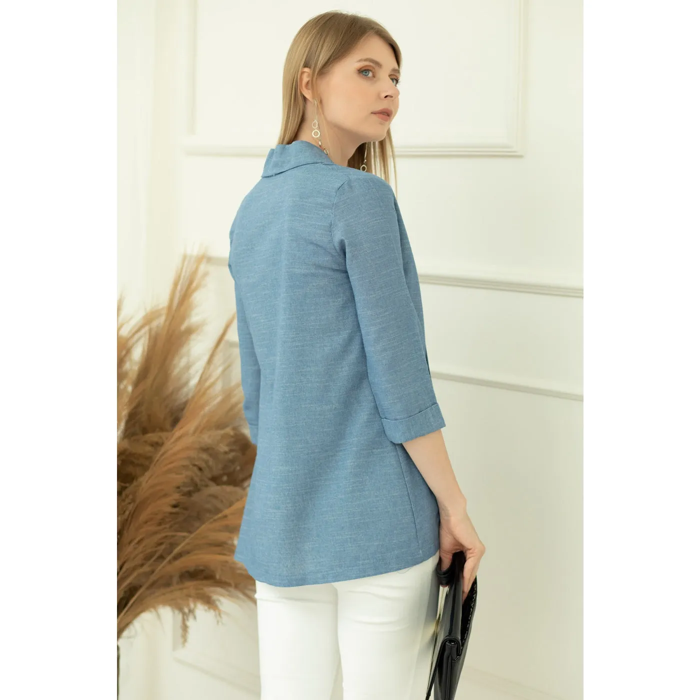 Blue Short Sleeves Shawl Jacket