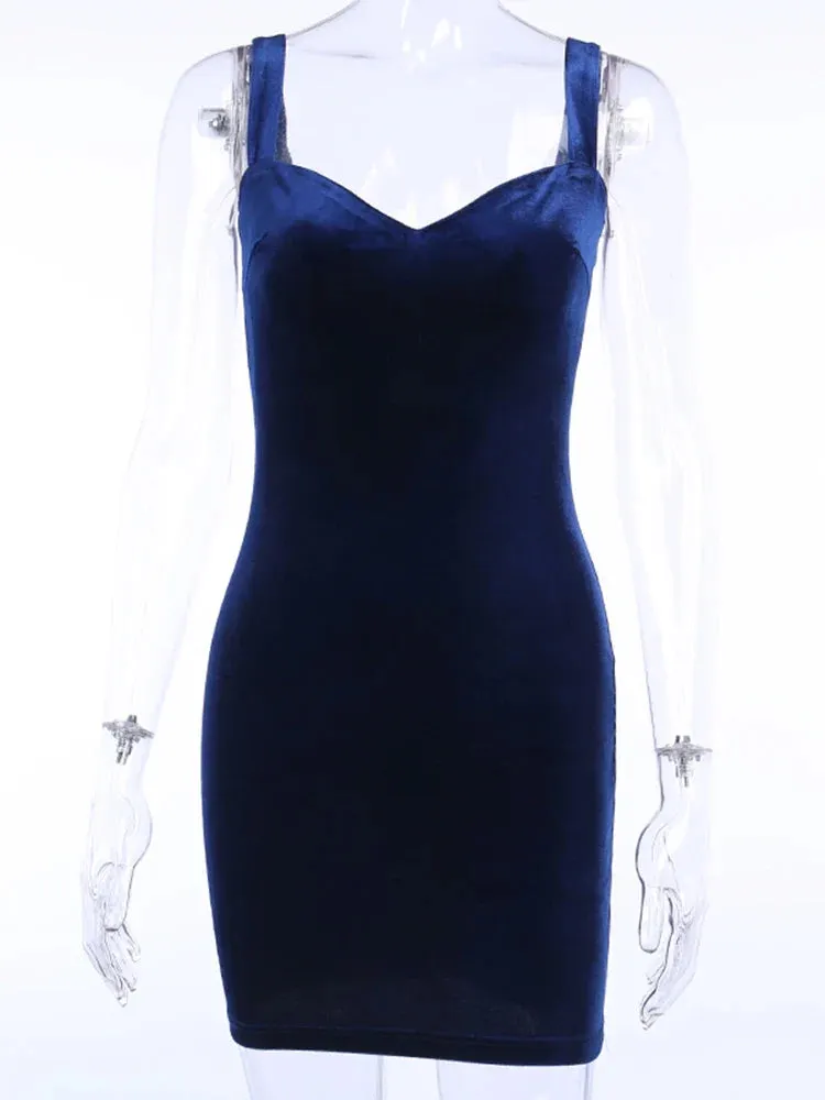 Blue V-Neck Spaghetti Strap Mini Sleeveless Bodycon Dress