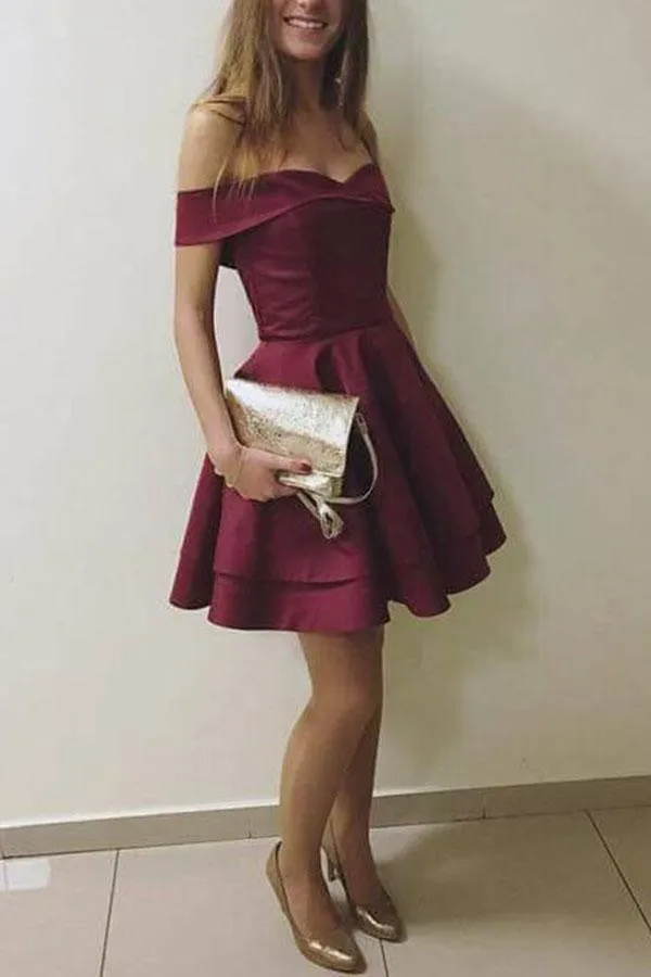 Burgundy Elegant Off the Shoulder Short Graduation Dress Homecoming Dress  PD123