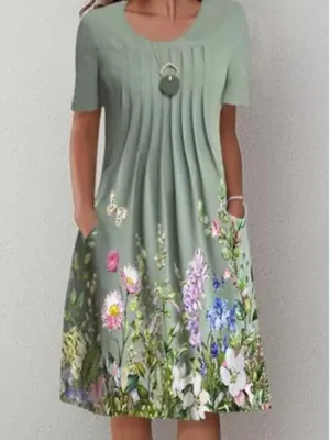 Casual Floral Round Neck Mid-length Straight Dress