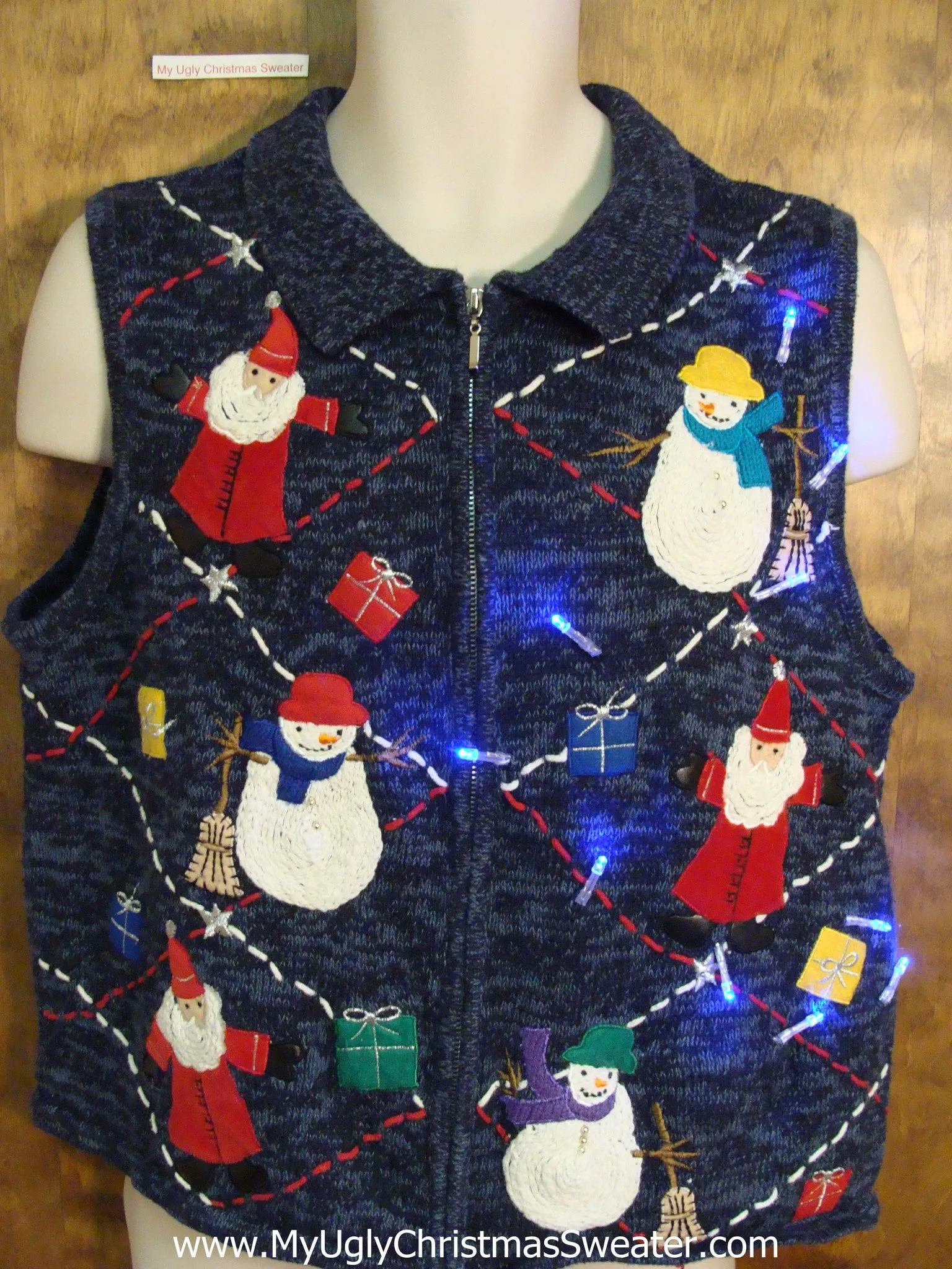 Colorful Santa and Snowmen Light Up Ugly Xmas Sweater Vest