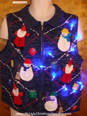 Colorful Santa and Snowmen Light Up Ugly Xmas Sweater Vest