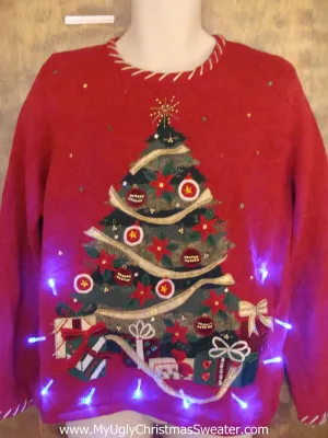 Crazy Red 80s Tree Christmas Sweater with Lights