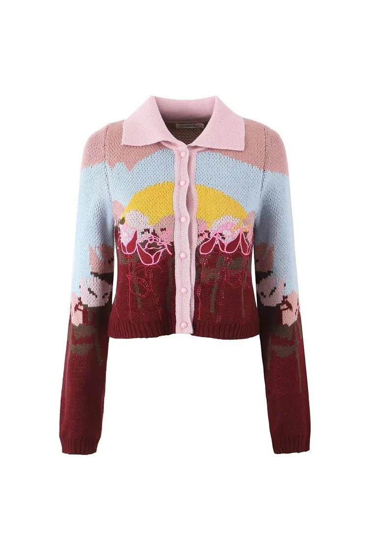 Cute Graphic Embroidered Collared Long Sleeve Button Up Winter Cardigan