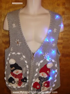 Cute Pom Poms and Snowmen Light Up Ugly Xmas Sweater Vest