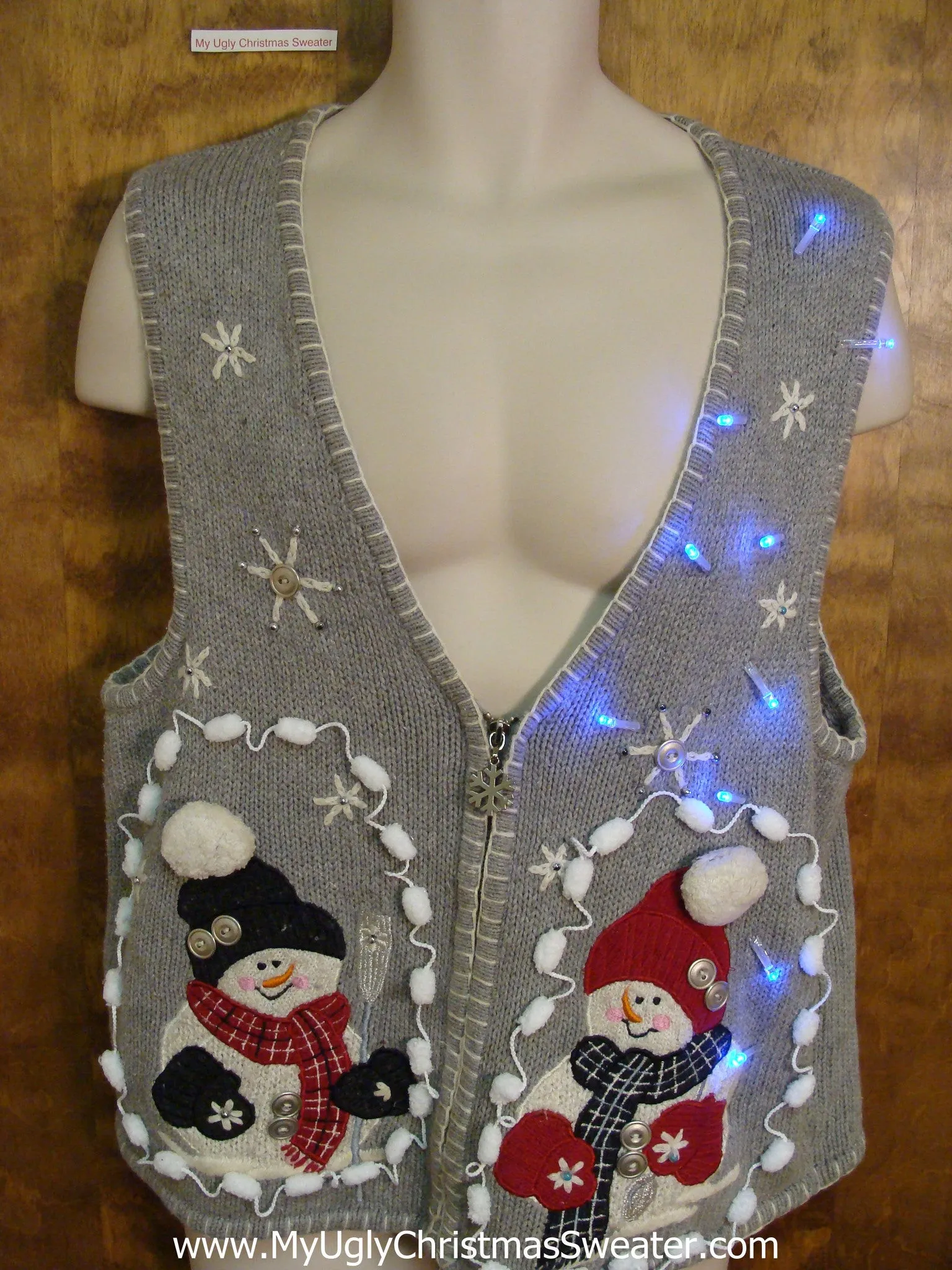 Cute Pom Poms and Snowmen Light Up Ugly Xmas Sweater Vest