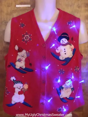 Cute Skiing Snowmen Light Up Ugly Xmas Sweater Vest