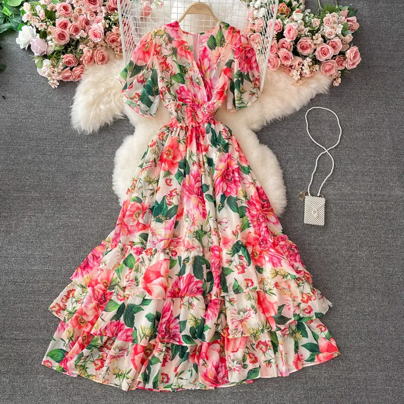 Cute v neck floral A line dress fashion dress  S104