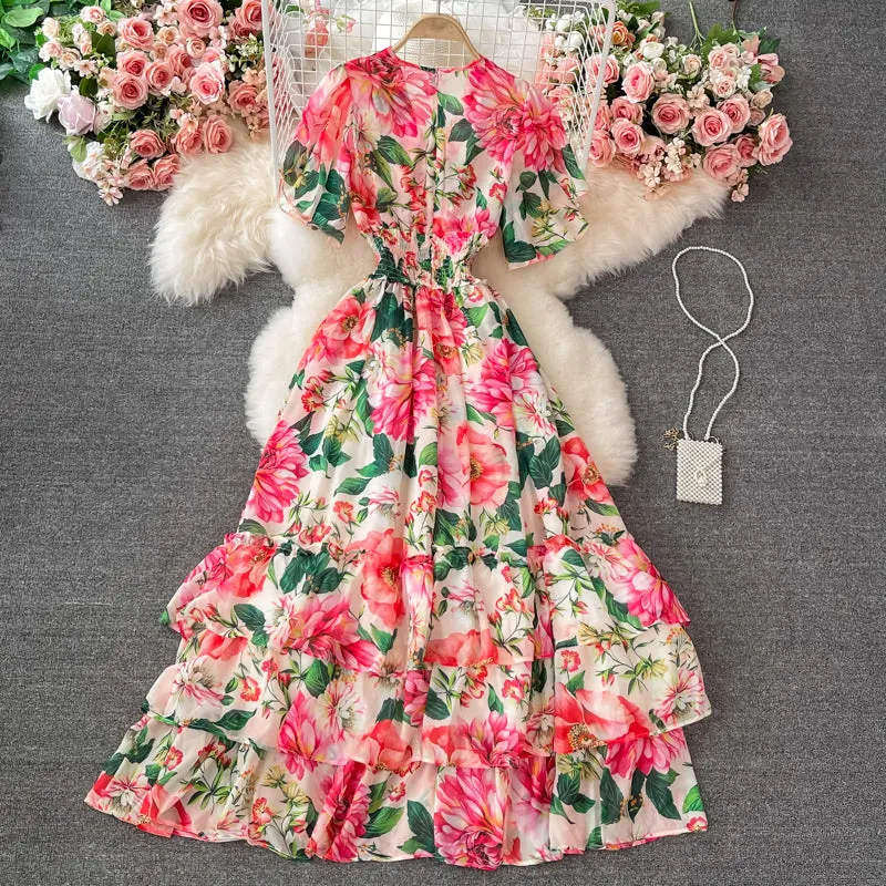 Cute v neck floral A line dress fashion dress  S104