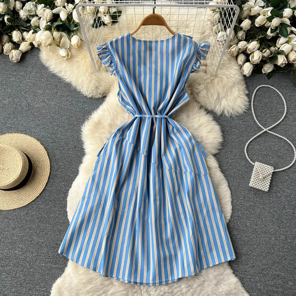 Cute V -neckline striped short dress  S325