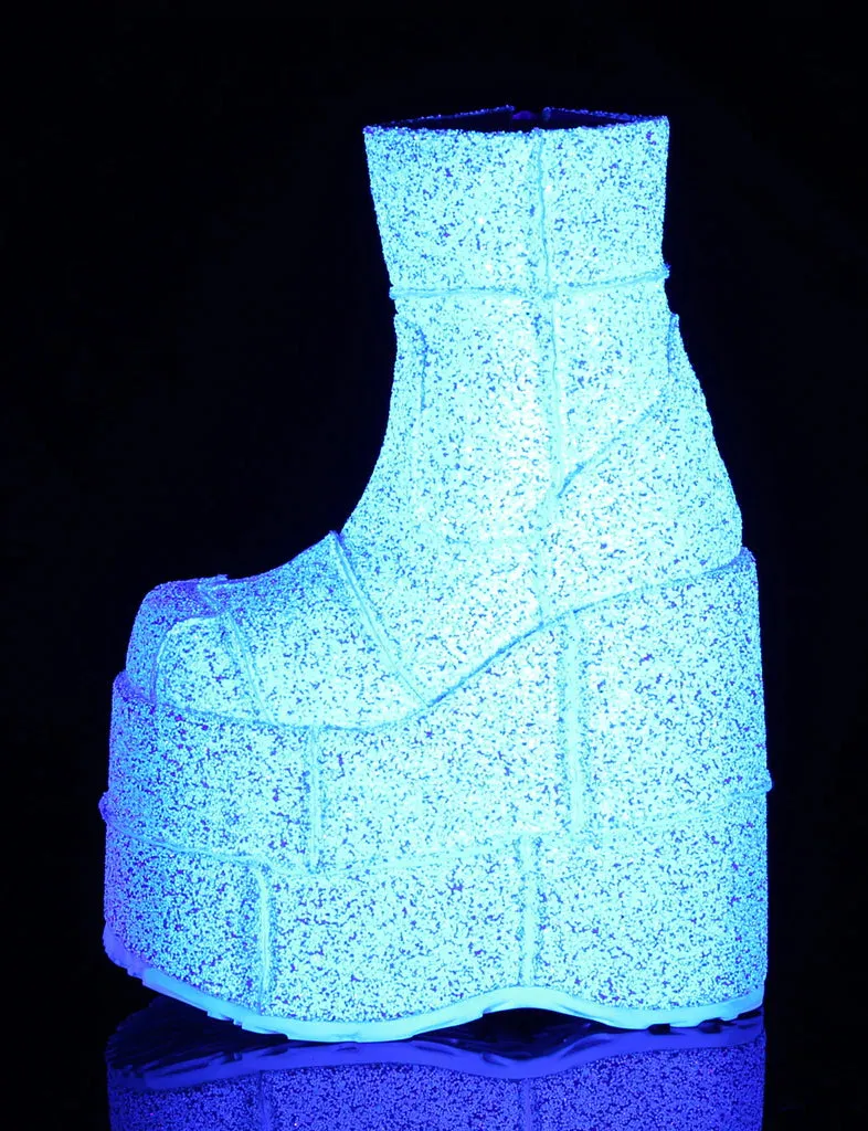 DEMONIA STACK 201G BOOTS - WHITE HOLOGRAM GLITTER