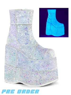 DEMONIA STACK 201G BOOTS - WHITE HOLOGRAM GLITTER