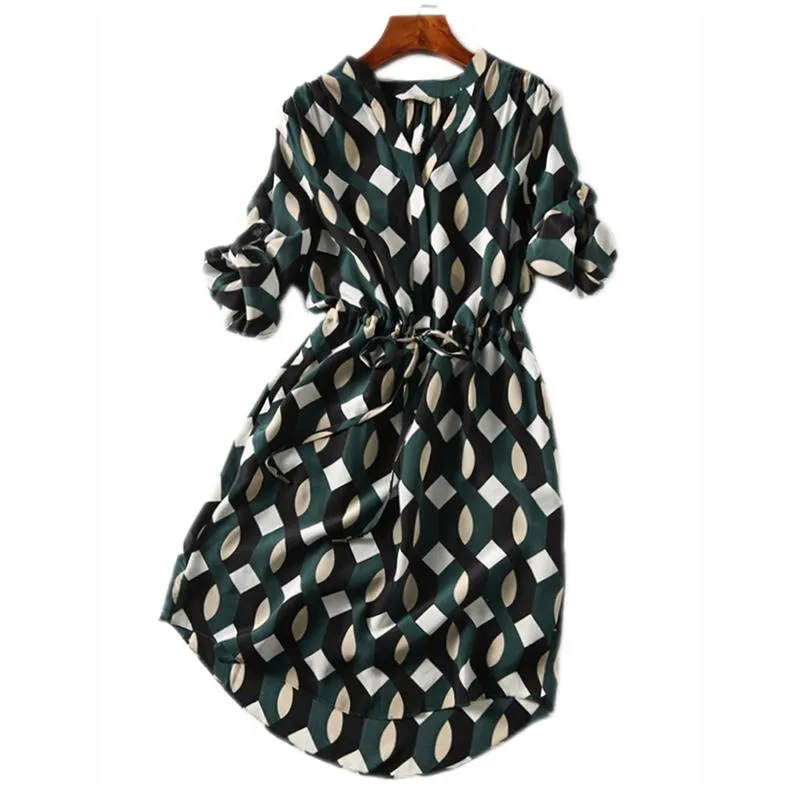 Floral Print Medium Sleeve Adjustable Geometric Slimming Pattern Dress