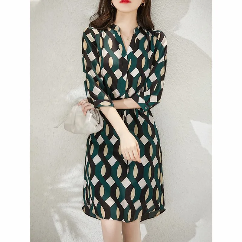 Floral Print Medium Sleeve Adjustable Geometric Slimming Pattern Dress