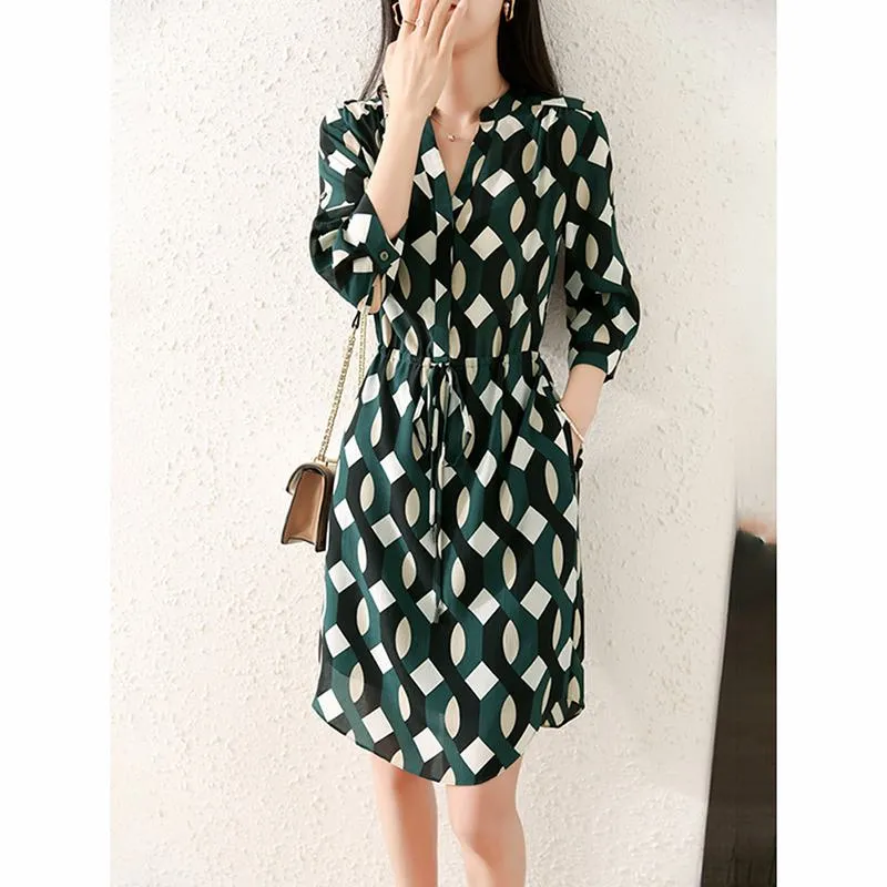 Floral Print Medium Sleeve Adjustable Geometric Slimming Pattern Dress