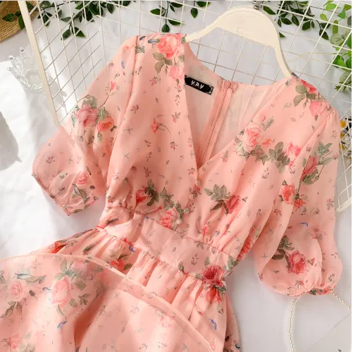 French Floral V Neck Summer Chiffon Dress   S601