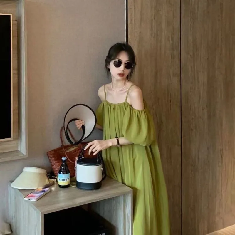 French Style Off-Shoulder Green Loose Fit Dress