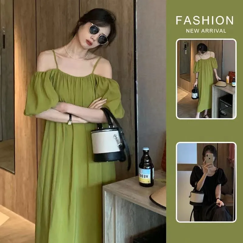 French Style Off-Shoulder Green Loose Fit Dress