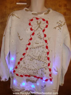 Funny Tree with Pompoms Christmas Sweater with Lights