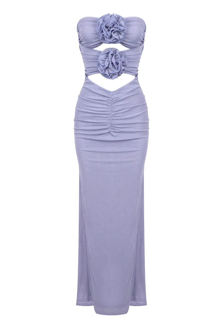 Glamorous Rosette Strapless Cutout Gathered Mesh Evening Maxi Dress