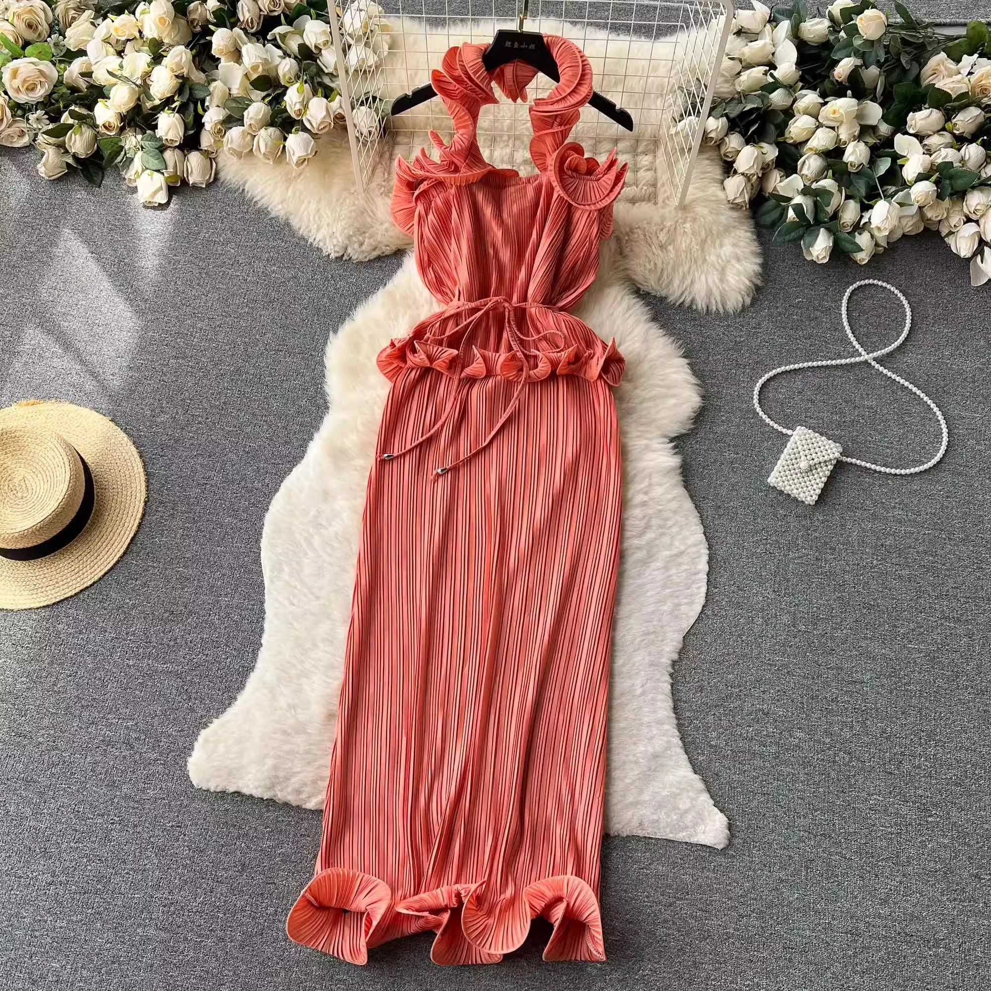 halter neck suspender dress women's pleated holiday dress banquet dress     S4625