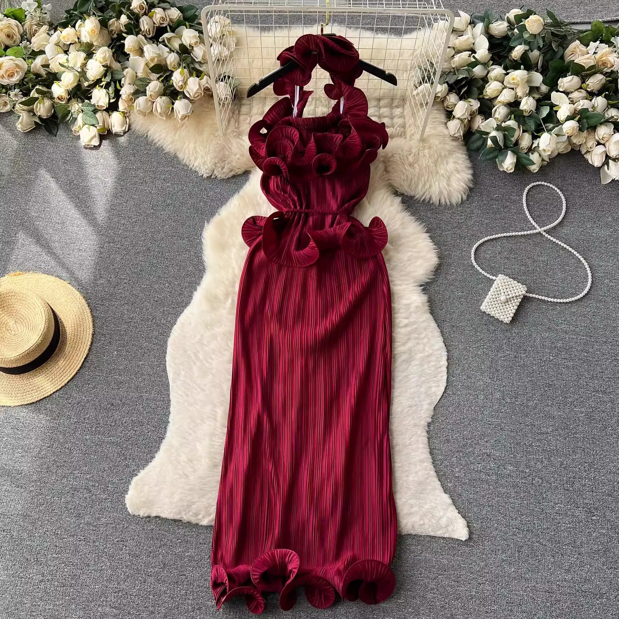 halter neck suspender dress women's pleated holiday dress banquet dress     S4625