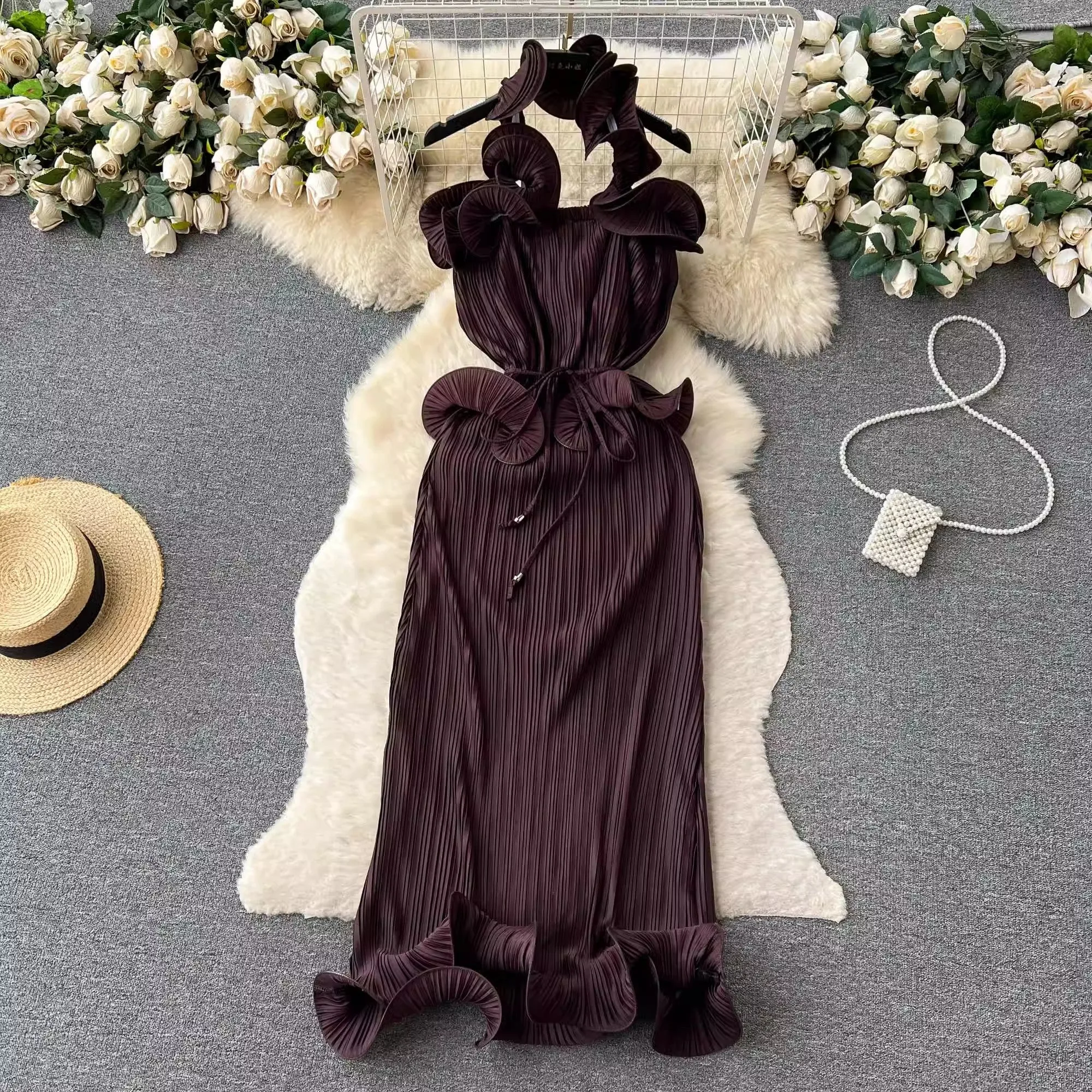 halter neck suspender dress women's pleated holiday dress banquet dress     S4625