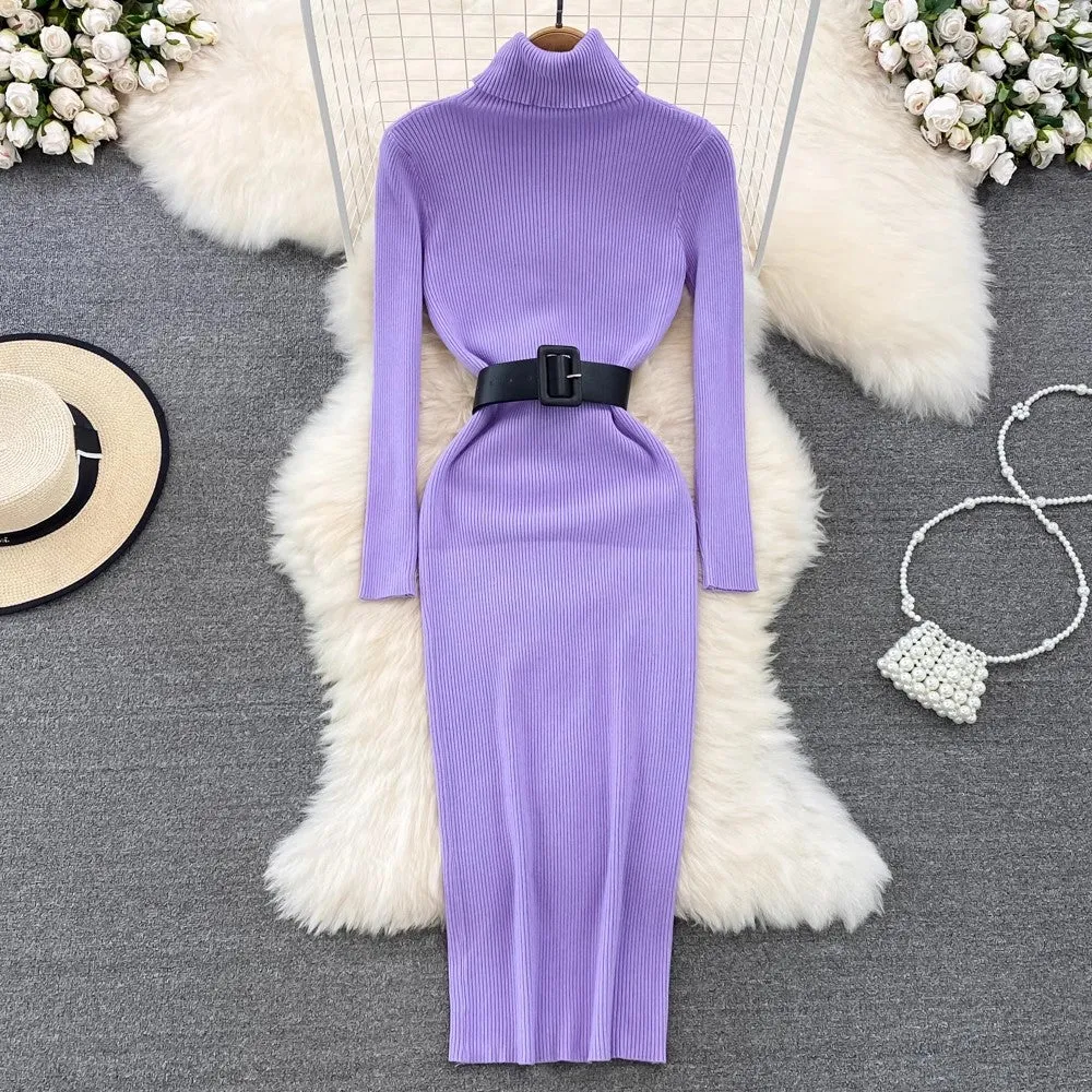 high collar mid-length knitted dress sweater skirt     S3909