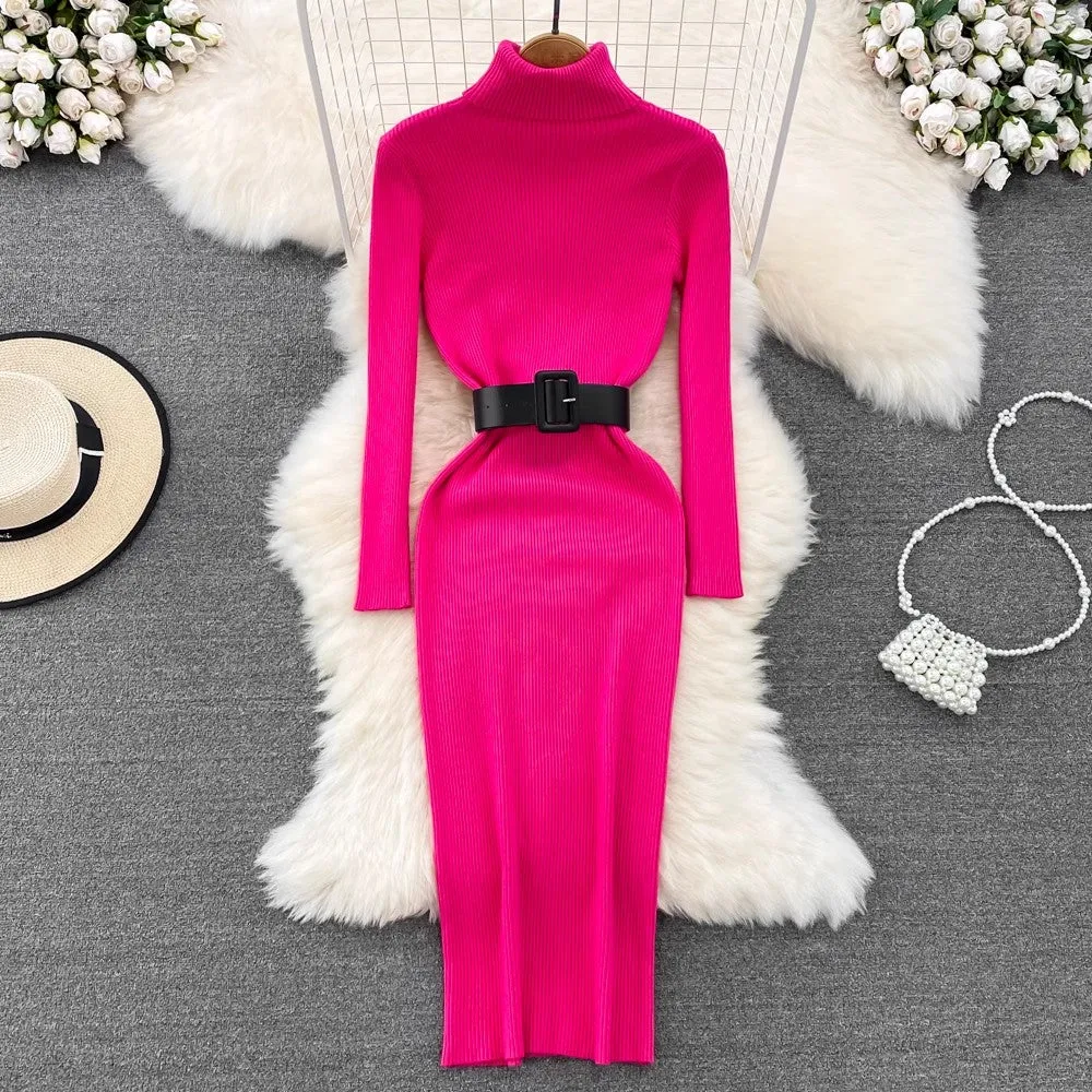 high collar mid-length knitted dress sweater skirt     S3909