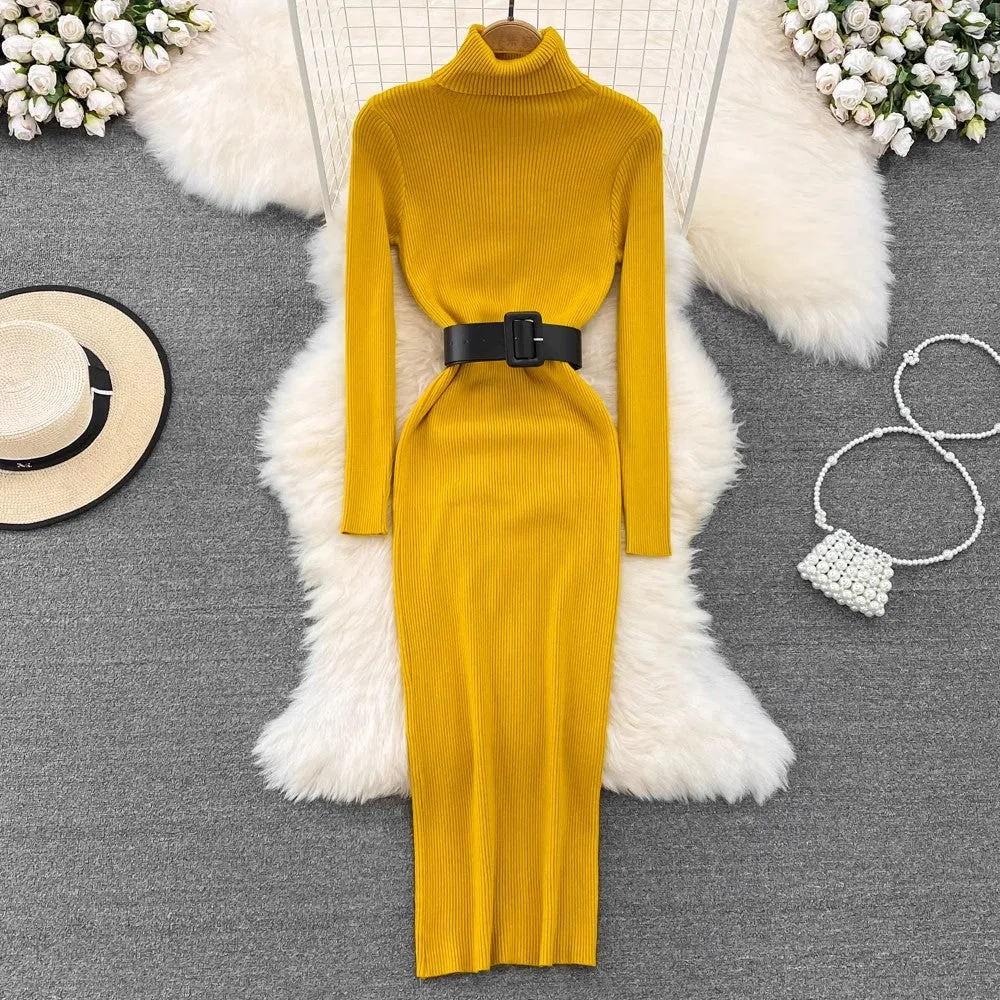 high collar mid-length knitted dress sweater skirt     S3909