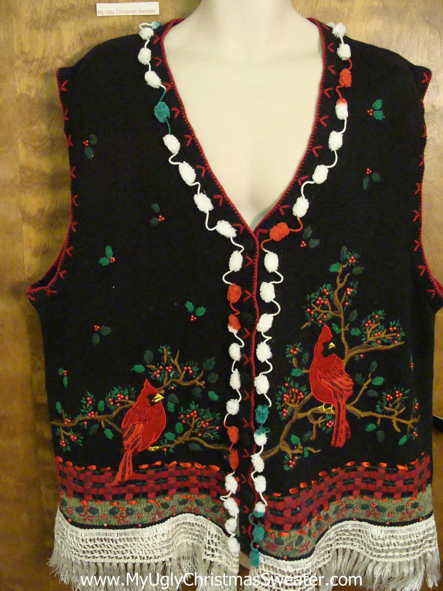 Horrible Black Ugly Christmas Sweater Vest with Red Cardinals