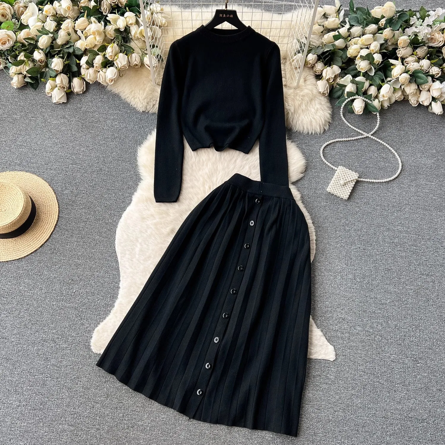 knitted fashion suit for women round neck T-shirt   pleated skirt   S4580