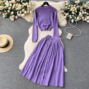 knitted fashion suit for women round neck T-shirt   pleated skirt   S4580