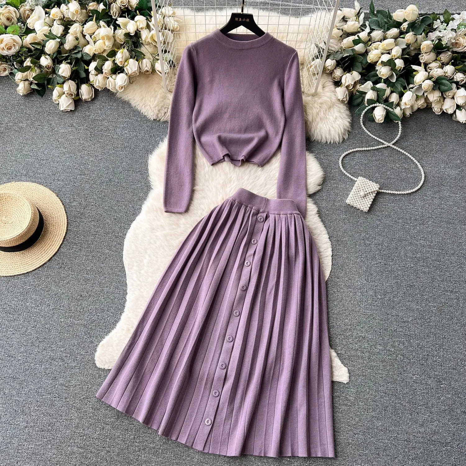 knitted fashion suit for women round neck T-shirt   pleated skirt   S4580