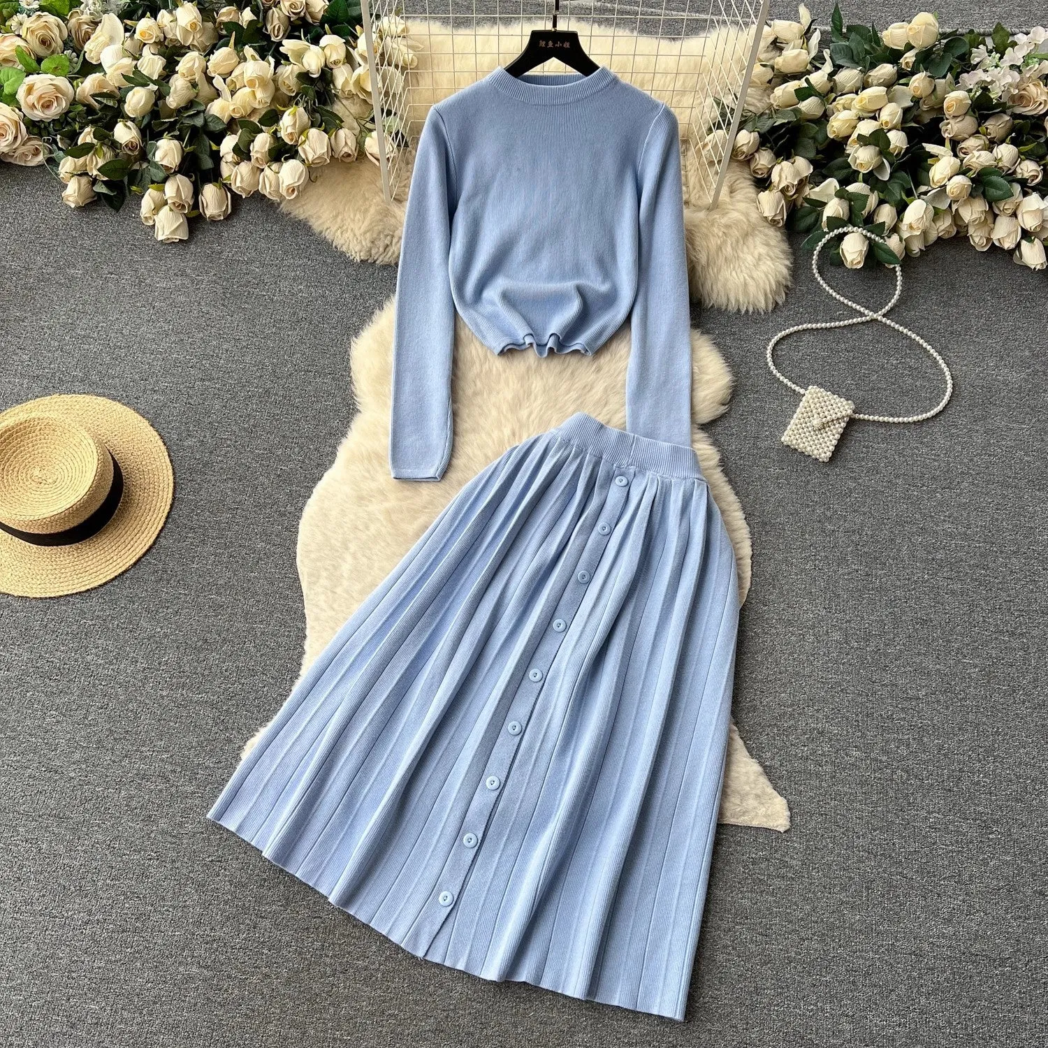 knitted fashion suit for women round neck T-shirt   pleated skirt   S4580